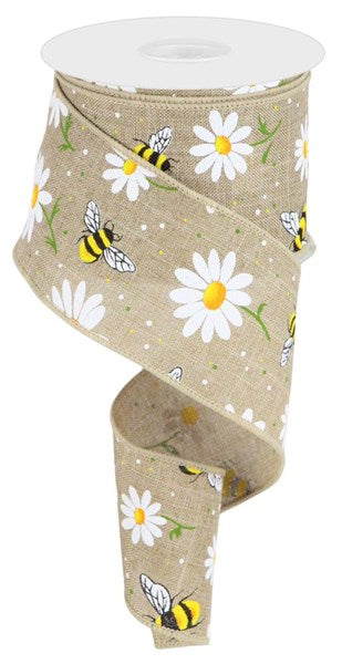 RGC184801 2.5"X10yd Bumble Bee/Daisy on Royal Bge/Wht/Ylw/Grn/Org/Blk