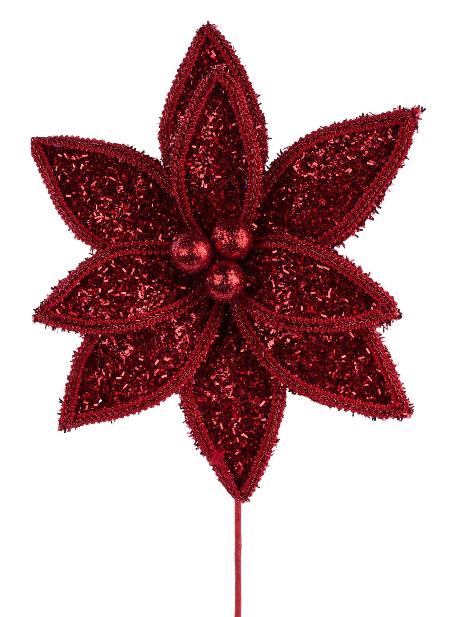 XS418224 14"L V Glitter/Lace Edge Poinsettia Pick Red