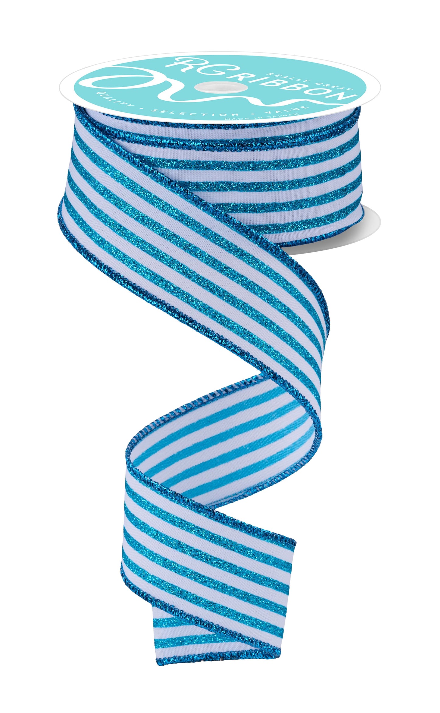 RGF1970A2 1.5" x 10yd Glitter Vertical Stripe White/Turquoise