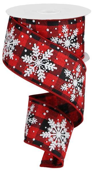 RG01764A9 2.5" x 10yd Glittered Snowflakes On Royal Red/Black/White/Silver