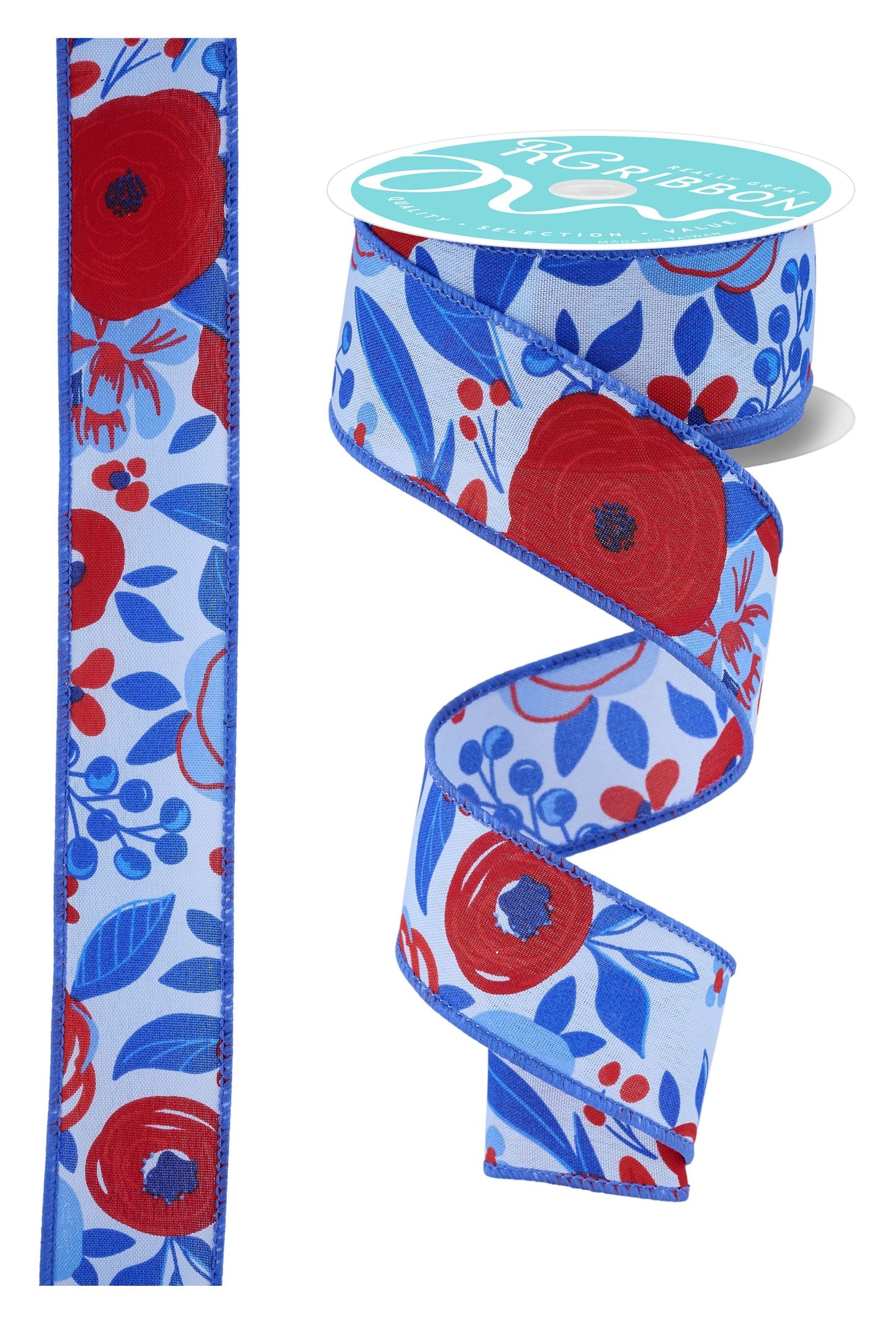 RGH133914 1.5" x 10yd Bold Blooms Lt Blue/Red/White