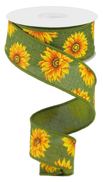 RG0187244 1.5" x 10yd Multi Sunflowers/Royal Burlap Green/Ylw/Orng/Rust/Brn