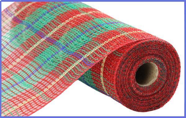RY8335X7 10.25"X10yd Faux Jute/Lg Plaid Mesh Red/Emerald/Ryl Blue/Gold