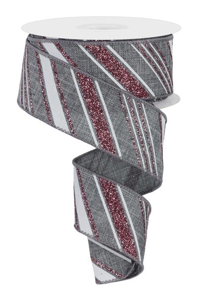 RGE1419A4 1.5" x 10yd Diagonal Line/Ryl Burlap New Grey/White/Pink
