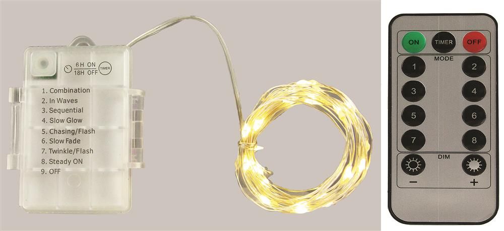 LL600226 16' Mini LED Light Strand – 40 Warm White Lights – Silver Wire with Remote