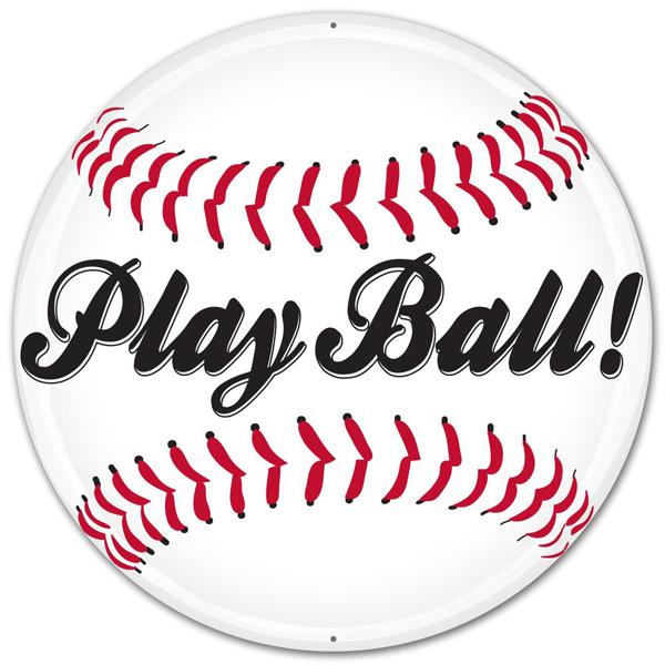 MD0488 12"Dia Metal Play Ball! Baseball Sign White/Black/Red