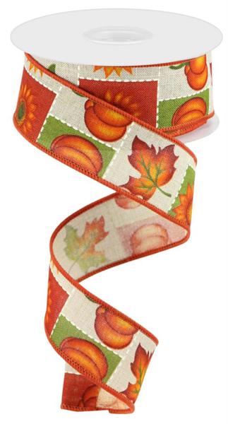 RGC140018 1.5" x 10yd Pumpkin/Sunflower/Maple Leaf Lt Natural/Multi