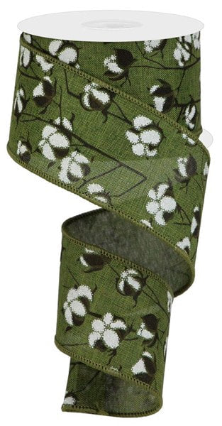 RG0180952 2.5" x 10yd Cotton Pods On Royal Moss Green/Brown/White