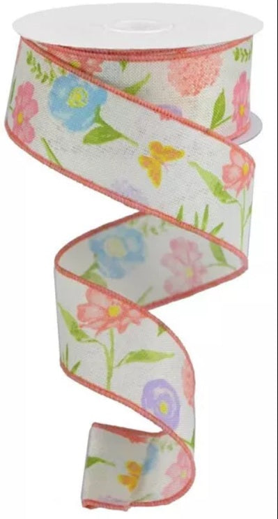 RGA174982 1.5" x 10yds Spring Wildflowers Ivory, Pink, Multi