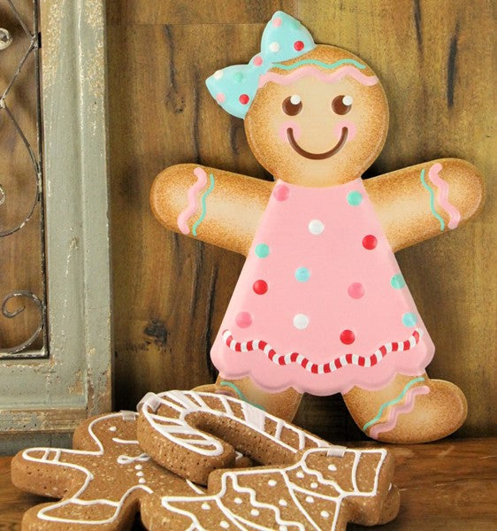 MD0742 13"Hx10"L Metal Gingerbread Girl Pink Dress Sign Tan/Pink/Blue/White/Red