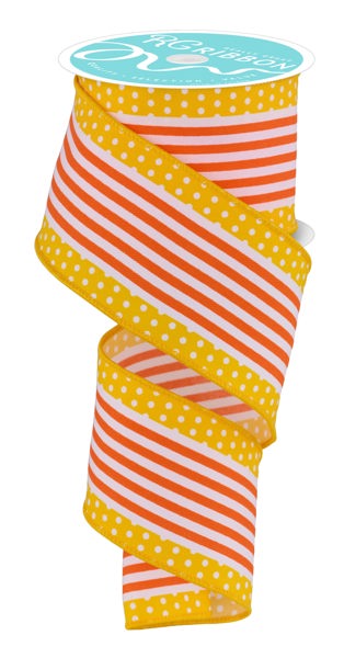 RGF1301J9 2.5" x 10yd Vertical Strpe/Polka Dot Edge White/Orange/Yellow