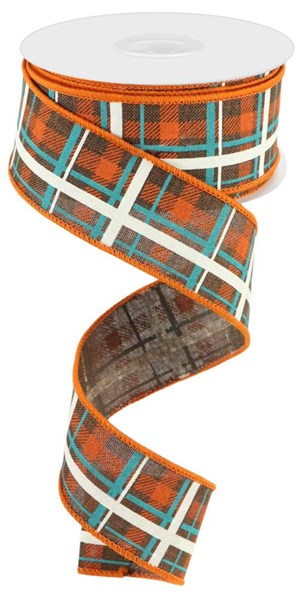 RGC154004 1.5" x 10yd Printed Plaid/Royal Dk Brn/Dk Ong/Turq/Lt Nat