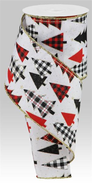 RGB10613K 4" x 10yd Plaid Trees On Faux Royal White/Red/Gold