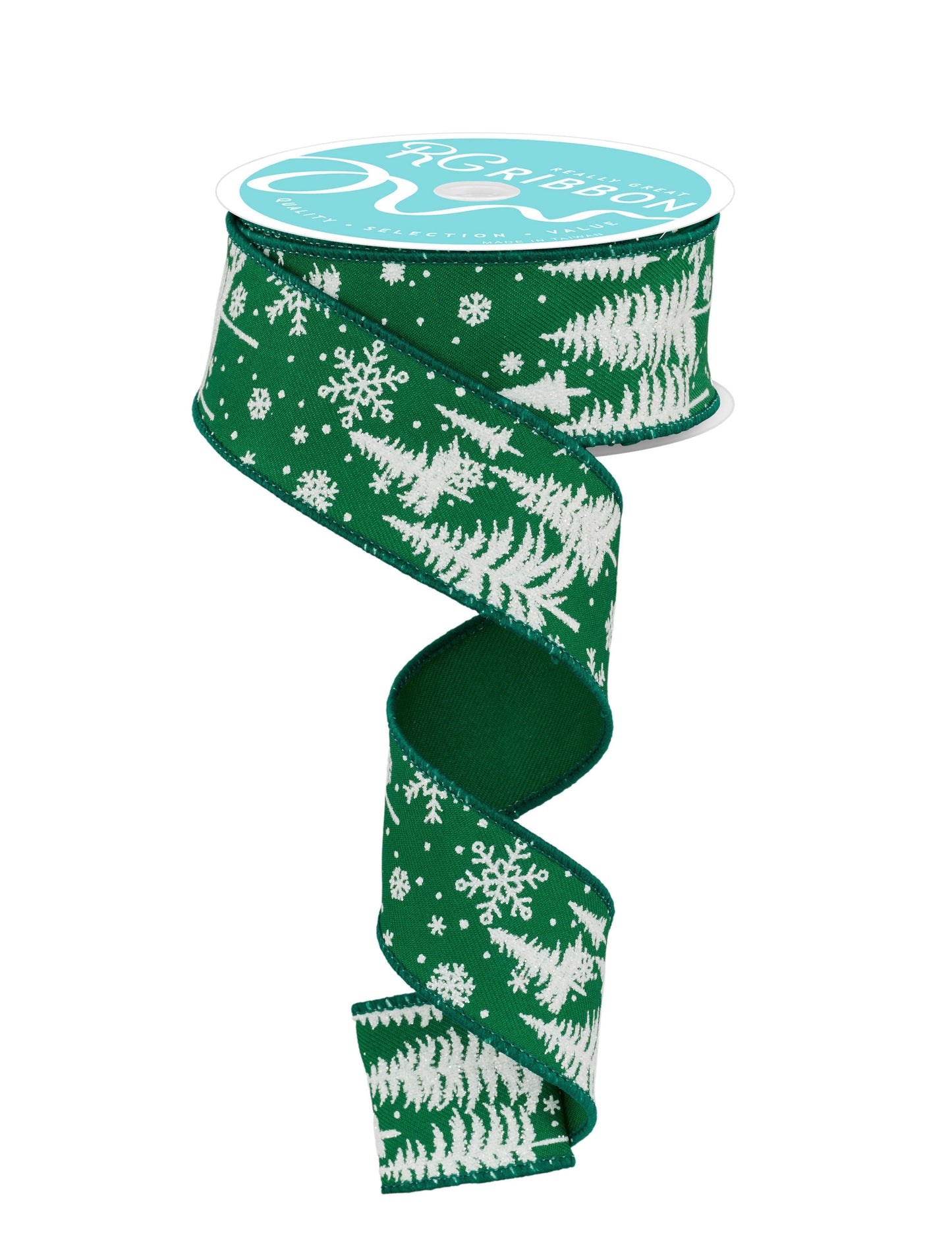 RGF123306 1.5" x 10yd Pine Trees & Snowflakes Ribbon – Emerald Green/White – Winter Wired Ribbon