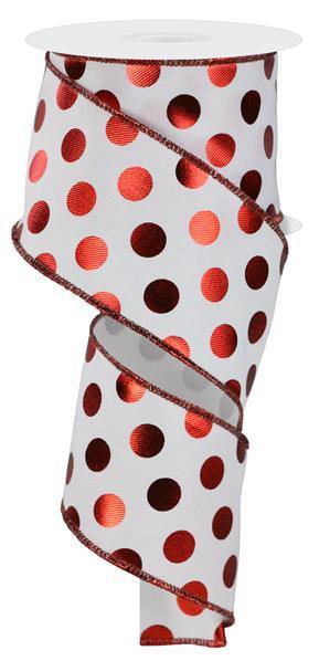 RGE166527 2.5" x 10yd Metallic Polka Dots White/Red