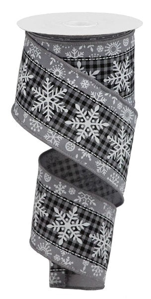 RGB109810 2.5" x 10yd Snowflake On Check Grey/Black/White