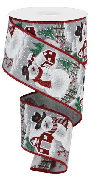 RGA185810 2.5" x 10yd Irid Snowman On Fuzzy Royal Grey/Brown/Red/White