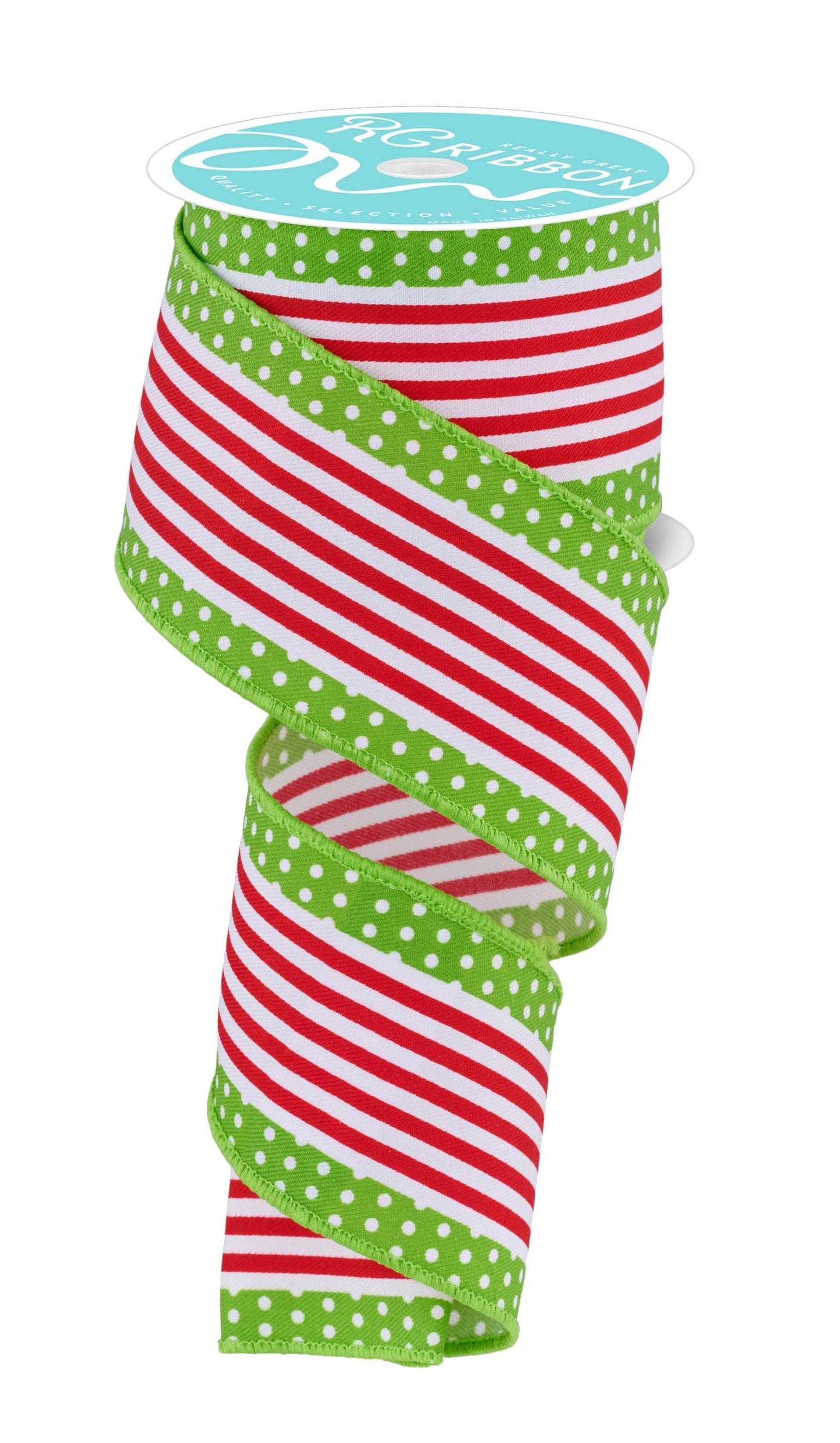 RGF1301T9 2.5" x 10yd Vertical Strpe/Polka Dot Edge White/Red/Lime