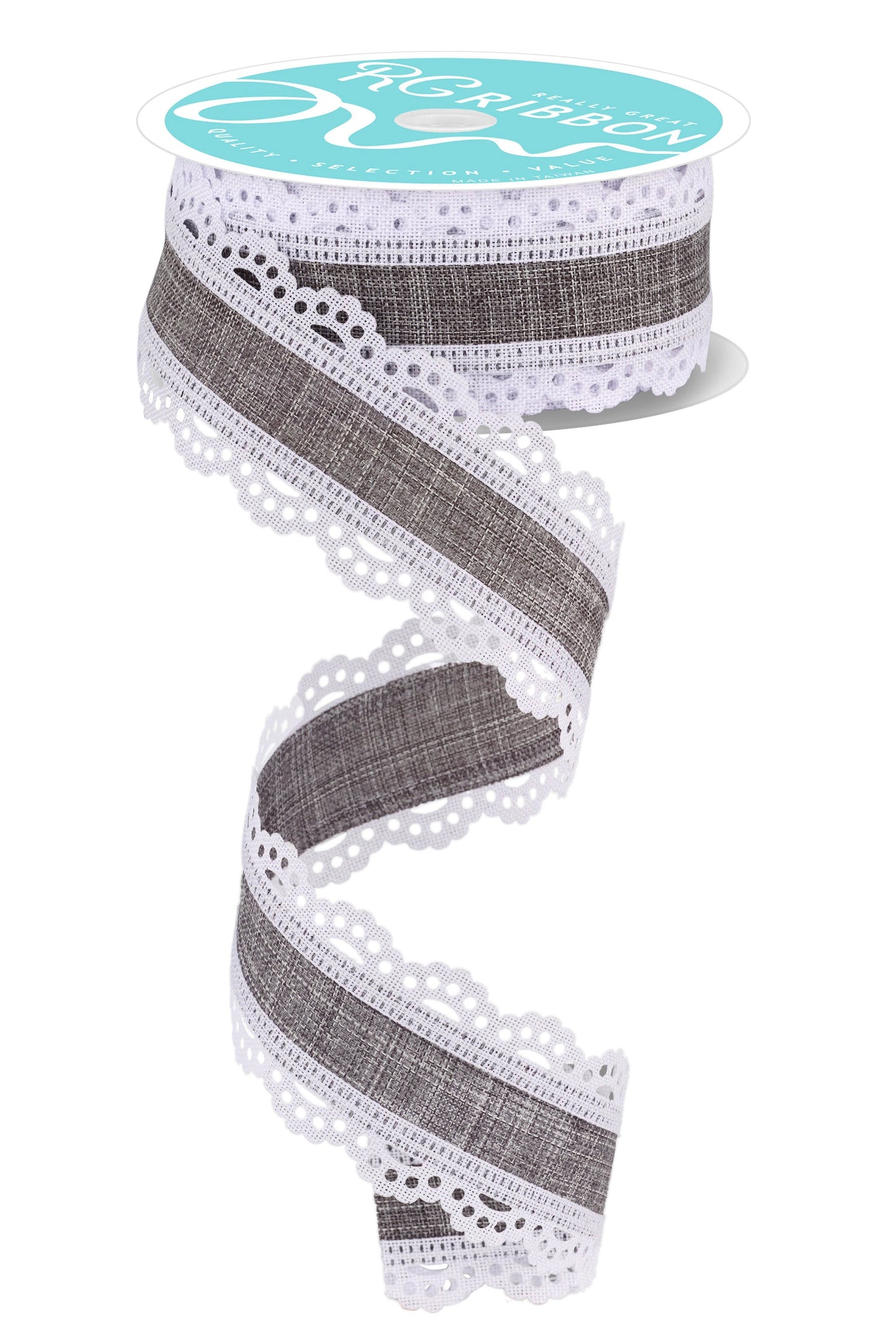 RGA1541NJ 1.5" x 10yd Lace Edge Royal Burlap White/Grey