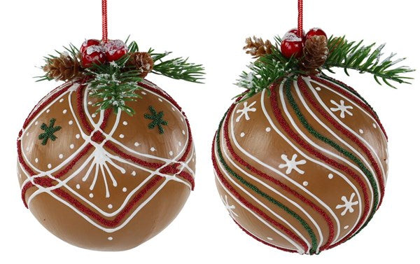 XJ4444 100Mm Gingerbread Ball Ornament Brown/Red/Green/White