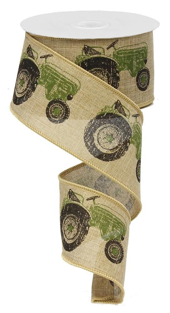 RG01487SE 2.5"X10yd Green Tractor on Royal Burlap Cream/Green/Black