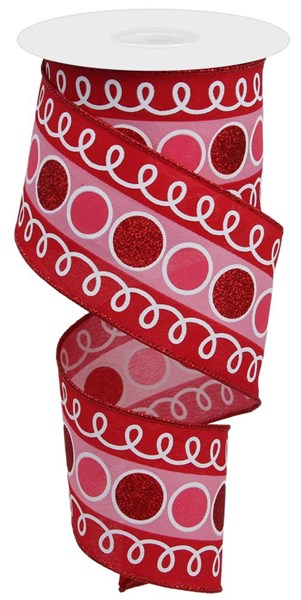 RGE1068Y1 2.5" x 10yd Stripe Glitter Circle W/Loops Red/Pink/White