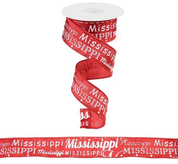 RG196227 1.5" x 10yd Mississippi Print White/Burgundy