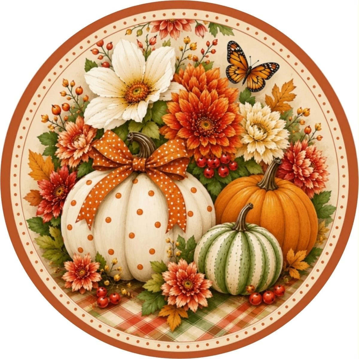 CUS2586-L 18" Round MDF Pumpkins-Butterfly Fall Floral Sign W/Rope