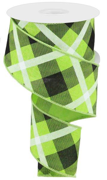 RG01683E9 2.5" X 10Yd Printed Plaid On Royal Lime/Black/White