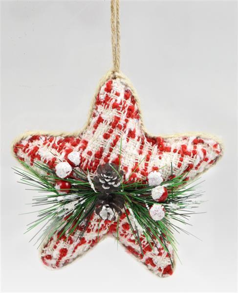 XJ433124 5.25"HX5"L Red/Wht Tweed Fabric Star Ornament