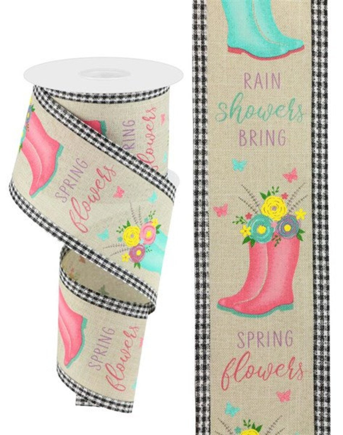 RG0897418 2.75" x 10 Rainboot/Floral W/Gingham Edge Tan/Turq/Lav/Grn/Blk