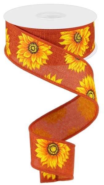 RG0187258 1.5" x 10yd Multi Sunflowers/Royal Burlap Rust/Ylw/Orng/Rust/Brn