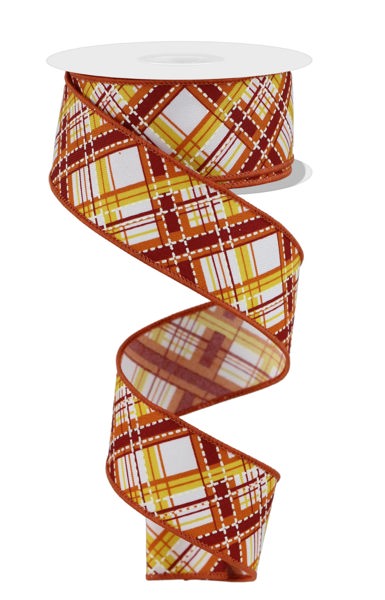 RGE1849F4 1.5" x 10yd Diagonal Dash Plaid Wht/Mstrd/Orng/Burg/Crm