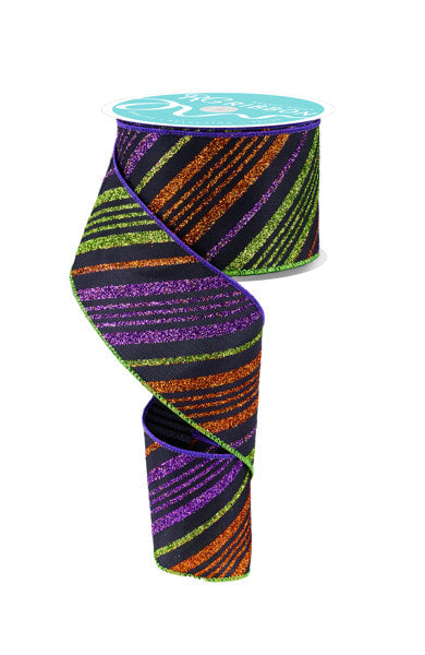 RGF1431CY 2.5" x 10yd Diagonal Glitter Stripe Black/Purple/Orange/Lime