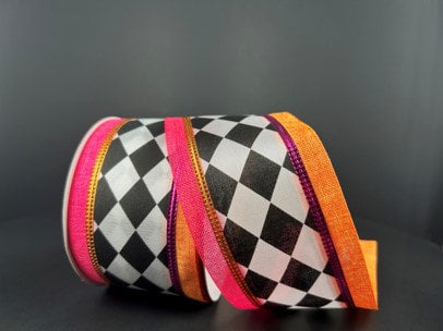 564264019 2.5"X10Yds Harlequin Diamond Org/Ht Pink/White/Black