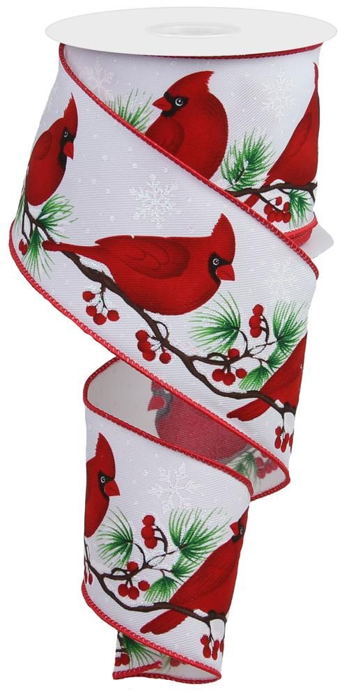 RGE110027 2.5" x 10yd Cardinals on Tree Branch Ribbon – White/Brown/Black/Red/Green – Wired Ribbon