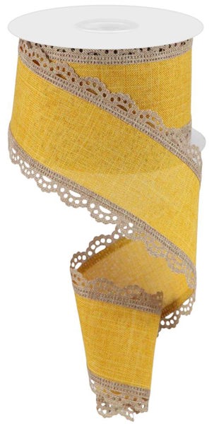 RGA15428M 2.5" x 10yd Lace Edge Royal Burlap Light Beige/Dark Mustard