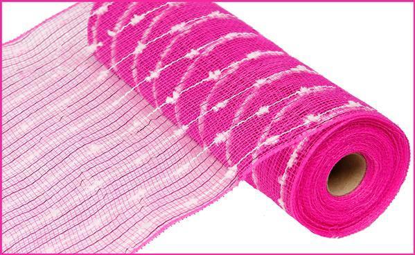 RY820064 10.25" x 10yd Metallic Puff Ball Mesh Hot Pink/White