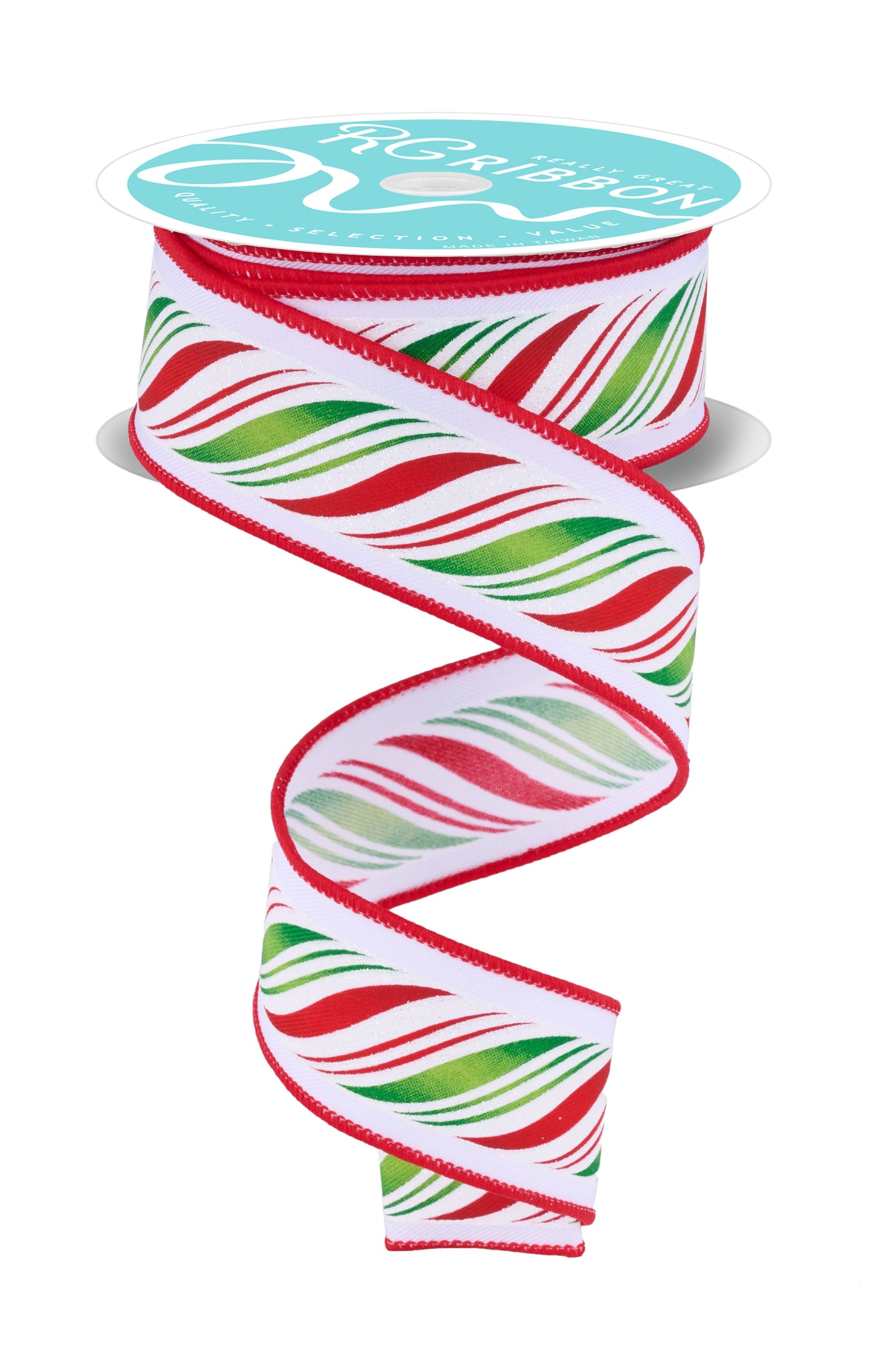 RGF174967 1.5" x 10yd Peppermint Twist Christmas Ribbon – White/Red/Green/Silver – Wired Holiday Ribbon