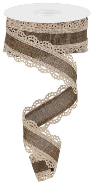 RGA154104 1.5"X10YD Lace Edge Royal Burlap Light Beige/Brown