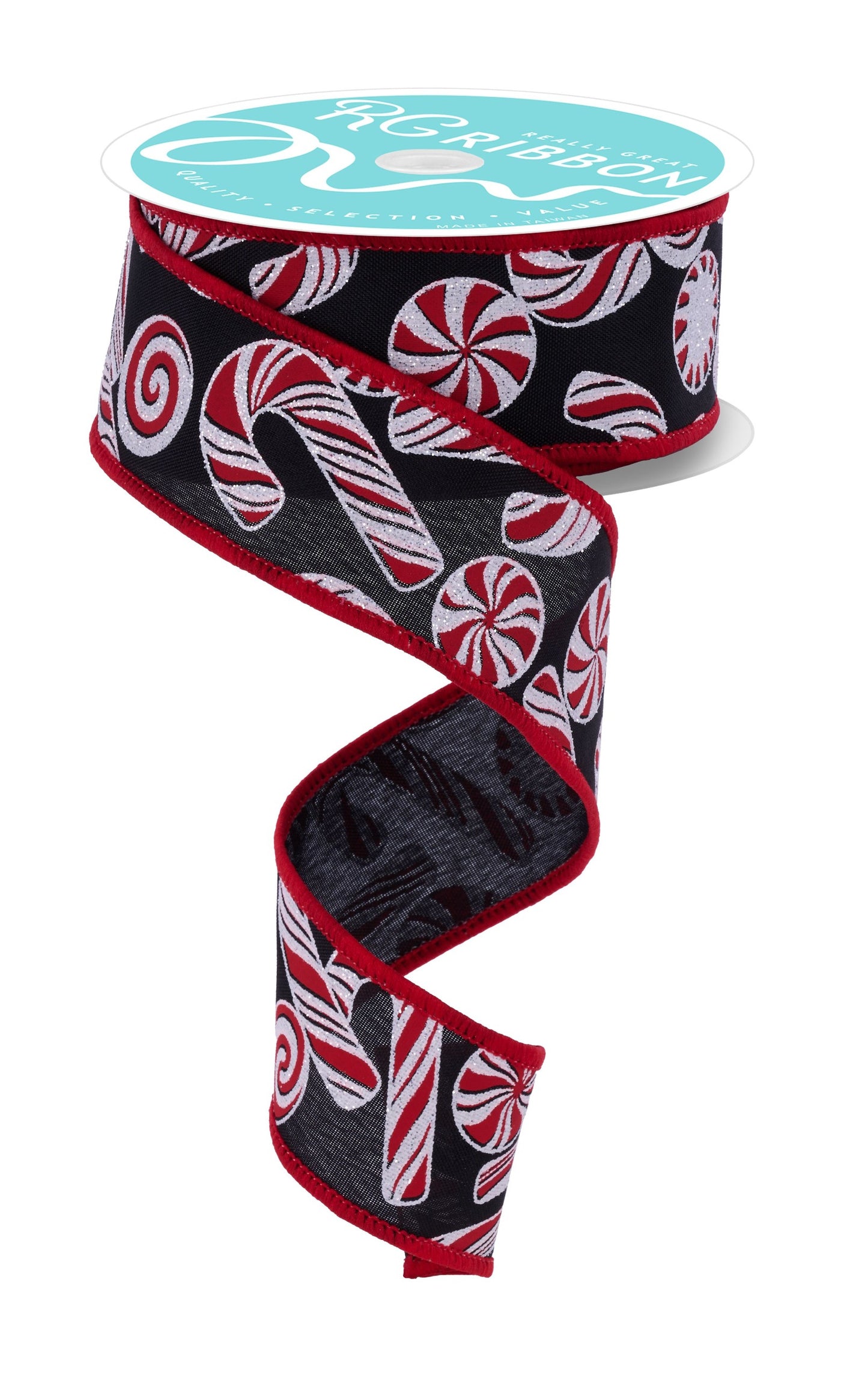 RGF180402 1.5" x 10yd Glitter Candy/Candy Cane Black/White/Red