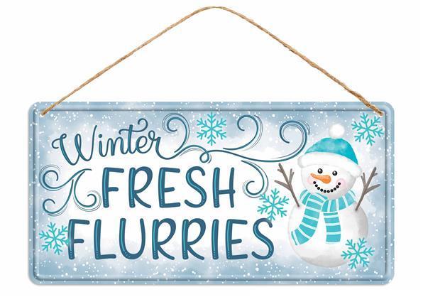 MD1229 12"L Tin Winter Fresh Flurries Sign White/Dk Blue/Smoke