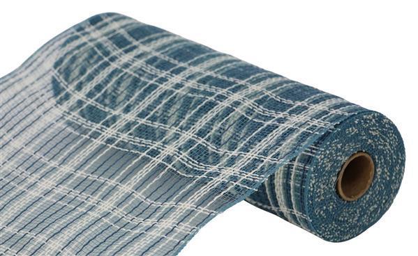 RY8345EW 10.25" x 10yd Farmhse Plaid Faux Jute Mesh Smoke Blue/Cream