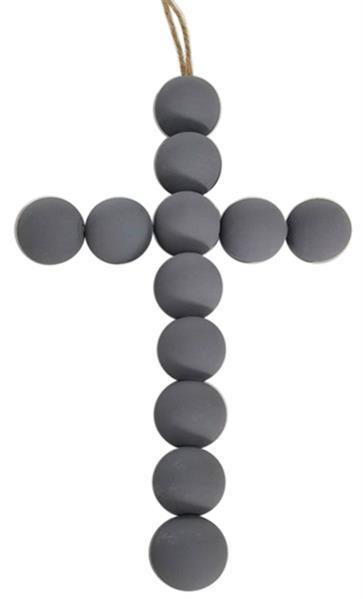 AW969110 8"H x 5"L Wood Bead Cross Ornament Painted Grey