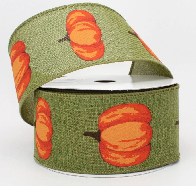 RG0172952 2.5" x 10yd Pumpkins W/Leaves On Royal Brown/Orange/Moss