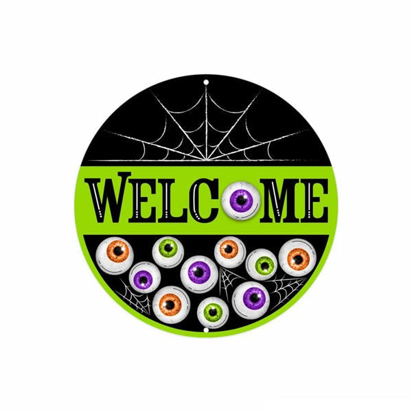 MD1369 8"Dia Metal Welcome W/Eyeballs Sign Black/White/Orange