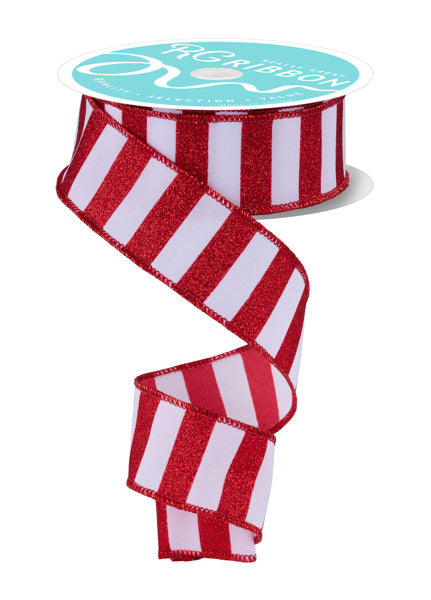 RGF196667 1.5" x 10yd Horizontal Glitter Stripes White/Red