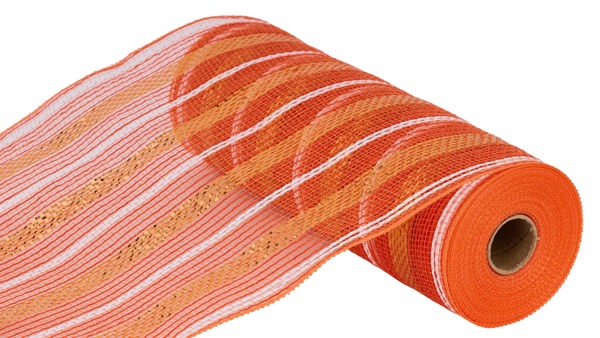 RY802081 10.25" x 10yd Poly/Faux Jute/Metallic Mesh Orange/White