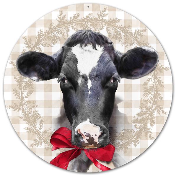 MD0474 12"Dia Metal Bessie The Cow W/Bow White/Black/Tan/Red