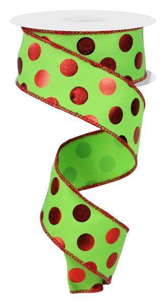 RGE166433 1.5" x 10yd Metallic Polka Dots Lime Green/Red